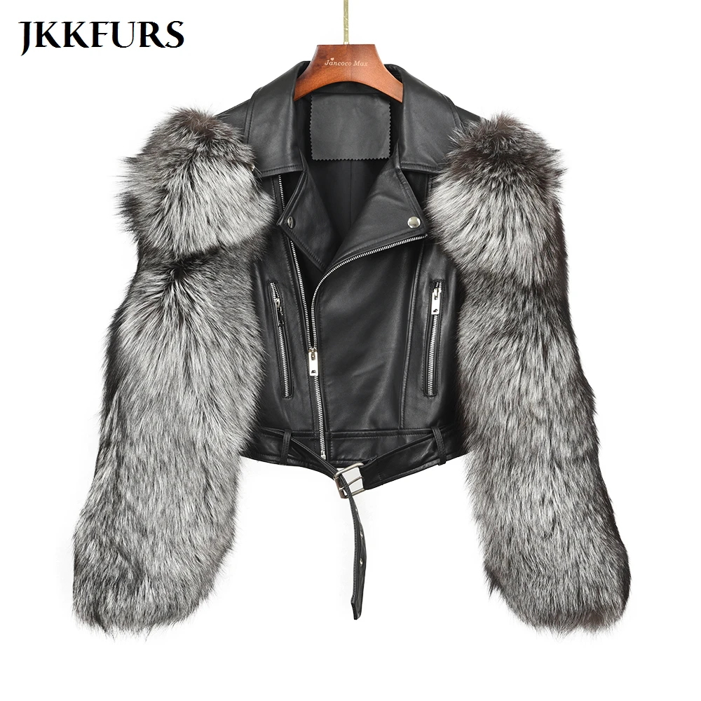 2020 новые женские туфли на плоской подошве с кожаная куртка натуральным лисьим мехом рукава модные из