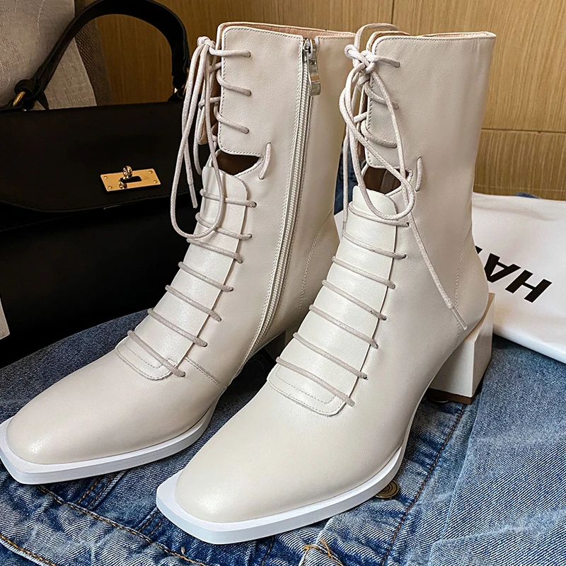 INS HOT Women ankle boots natural leather 22-25.5CM Square toe Outdoor fashion leisure shoes Hollow Wearable in all seasons
