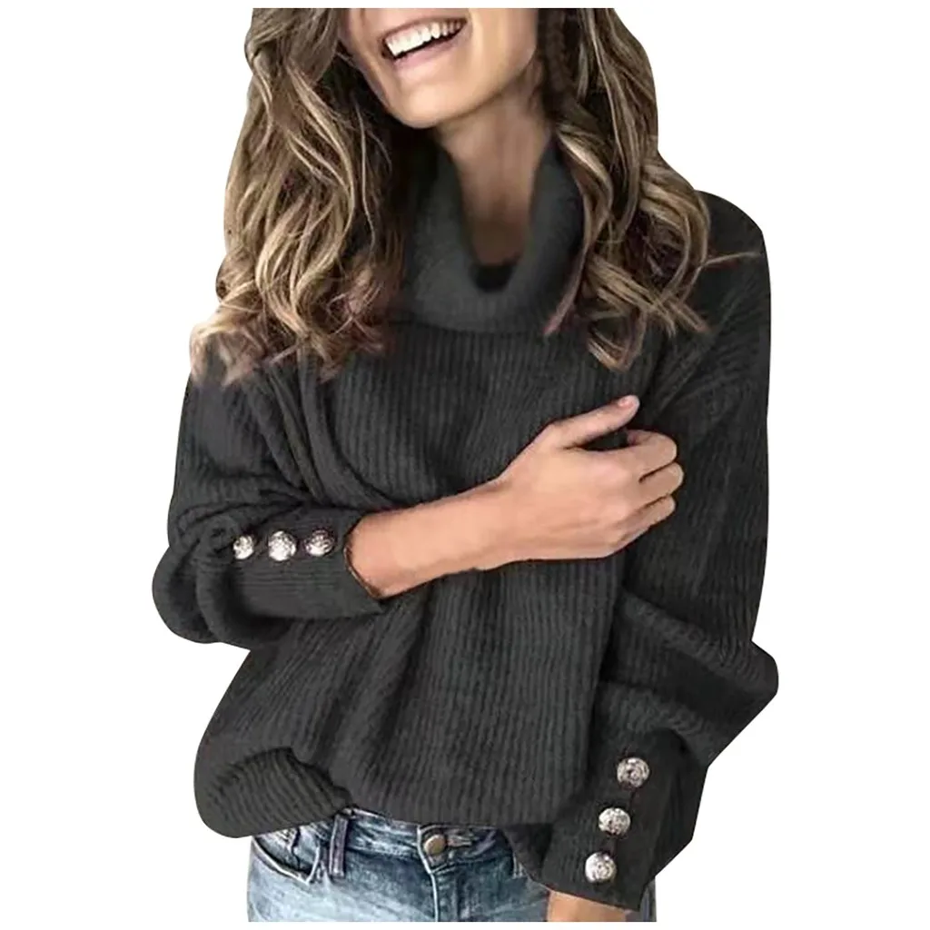 Button Sweater Women Turtleneck Pullover Long Sleeve Loose Knitted Top Winter Harajuku Sweater col roul femme jersey mujer