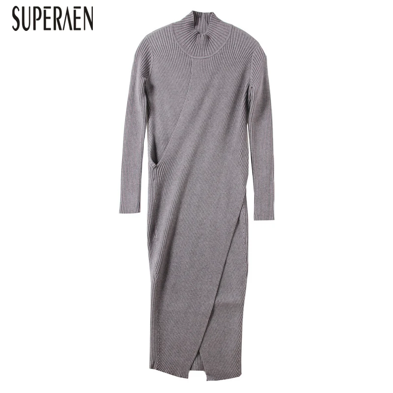 SuperAen, вязаное платье для женщин, осень и зима, новинка, водолазка, женское платье с разрезом, одноцветное, модная повседневная женская одежда