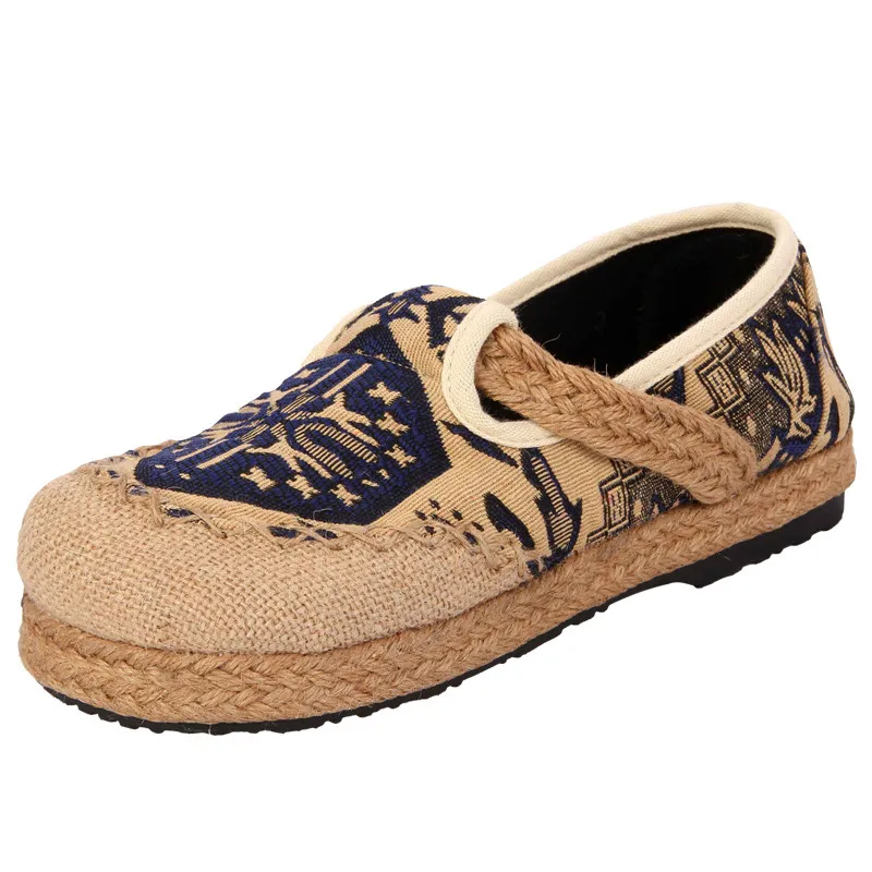 

Retro Spring Summer Loafers Women Shoes Handmade Embroidered Cloth Flats Platform Cotton Linen Ladies Shoes XKD8066