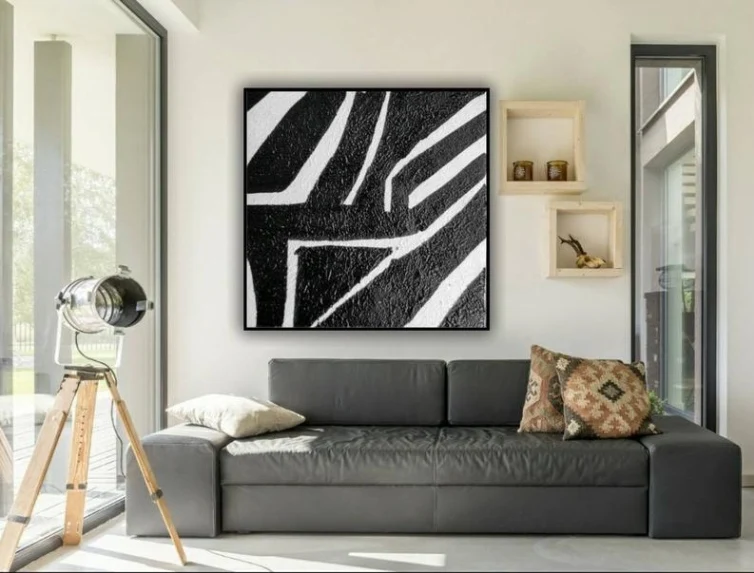 

Black And White Artwork Monochrome Painting Geometric Painting Abstract Painting Canvas Art Mid Century Modern Wall Art