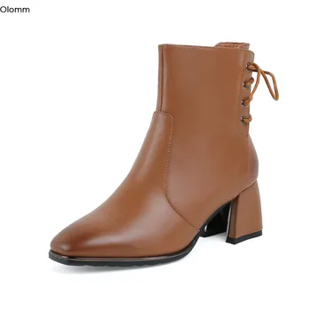 

Olomm Women Leather Ankle Boots Comfort Square Low Heel Boots Charm Square Toe Sexy Black Brown Dress Shoes Women US Size 4-10.5