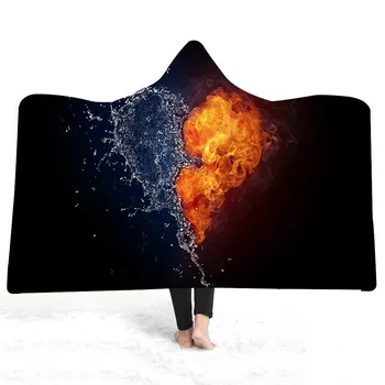 

Black Soft Hooded Blanket Heart on Fire and Water Microfiber Blanket for Adults/Kids Sherpa Fleece Blankets Wrap Nap Blanket