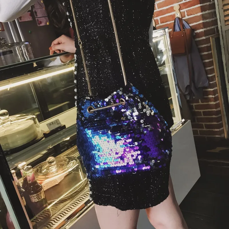 

2019 New Style WOMEN'S Bag Korean-style Fashion Sequin Bucket Bag Chain Bag Trend Sequin Bag Shoulder Bag WOMEN'S Bag INS