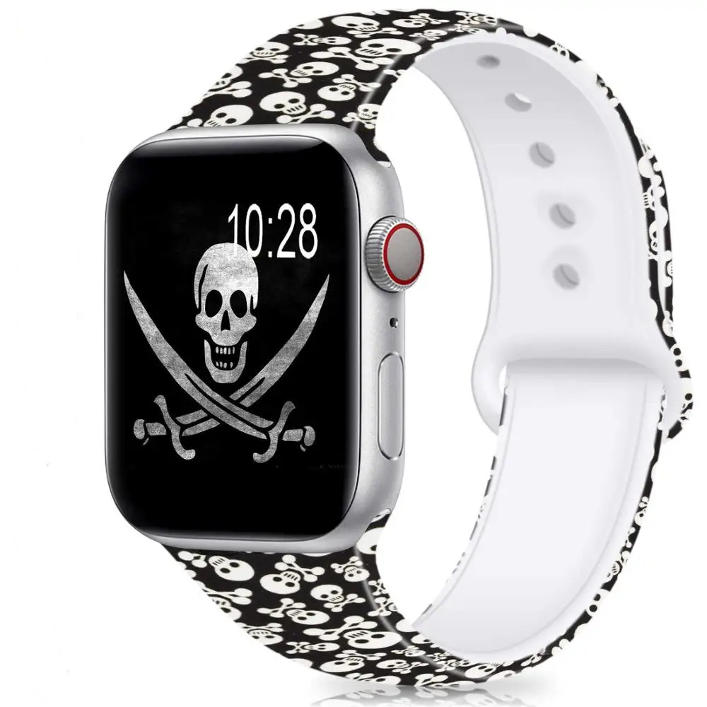 Ленты с цветами для Apple Watch 38 мм 40 мм 42 мм 44 мм, леопардовые силиконовые Печатные Сменные браслеты для iWatch серии 5 4 3 2 - Цвет ремешка: Skull