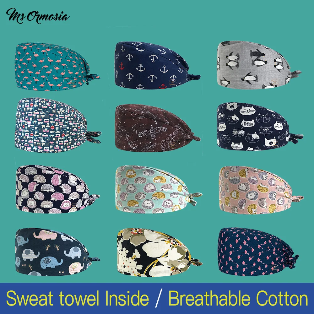 

Fashion cotton Cute hedgehog cartoon print hats adjustable scrub hats beauty salon working cap laboratory pet shop scrubs caps