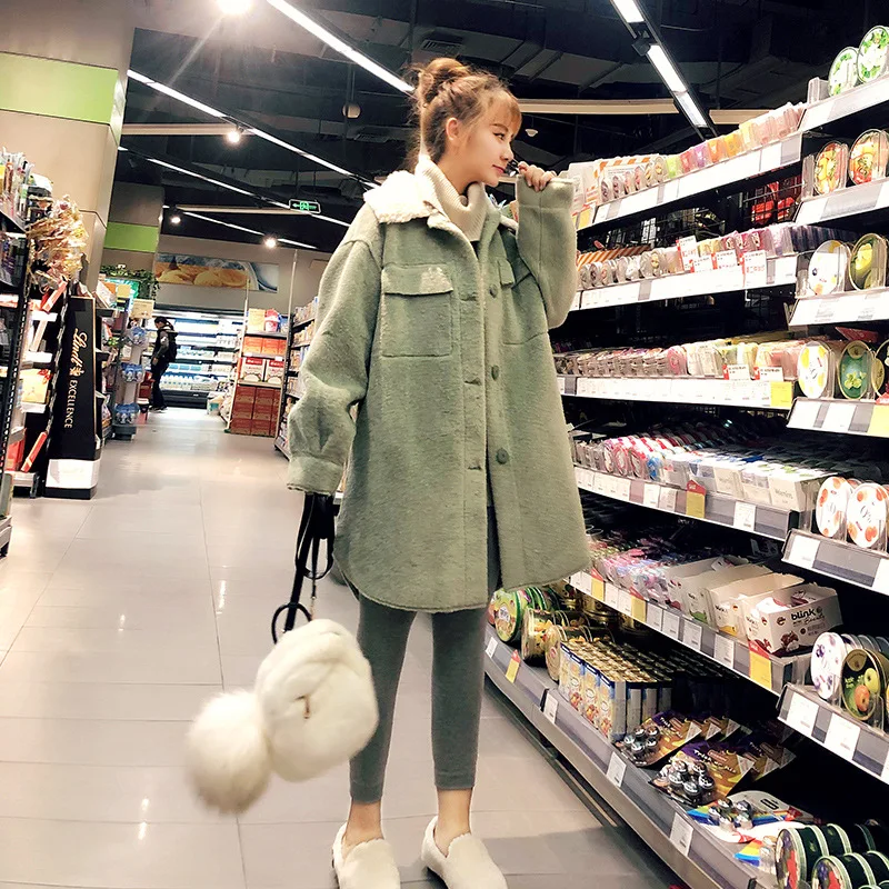 Женское шерстяное пальто с лацканами длинное Свободное из искусственного