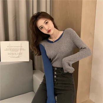 

2020 Spring Autumn Women O-Neck Sweater Pullover Girls Patchwork Full Sleeve Sweaters Top For Female