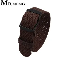 Solid Color Perlon Woven Nylon Watch Strap with Black Buckle - Green Navy - 22mm (Brown)