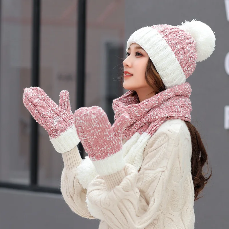 Новая мода зима кролик вязаная шапка и шарф набор для женщин теплый толстый Pom Beanie шляпа в стиле пэтчворк перчатки набор