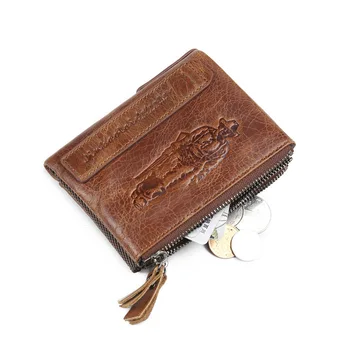 

Best selling Crazy Horse genuine Leather Double Zip Men's Wallet Leather Retro Coin Purse cowhide men retro wallets Imprint male