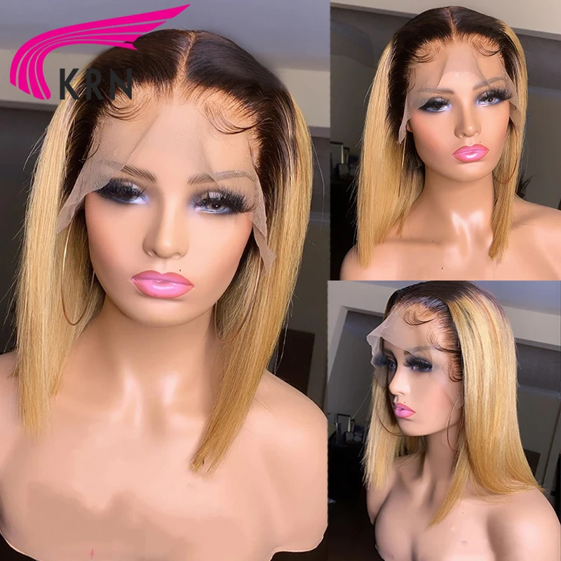 Pelucas de cabello humano con encaje Frontal para mujer, 1B/27 Bob corto, 180%, brasileño, 13x4, ombré, Bob, Remy, 4x4, cierre de encaje