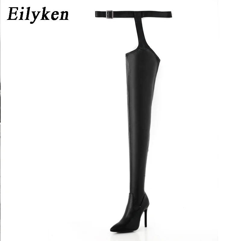 Tanie Eilyken kobiety PU buty za kolano wysokie buty Rihanna Style na buty do kolan dla kobiet buty Pointed Toe 8cm wysokie buty na obcasie