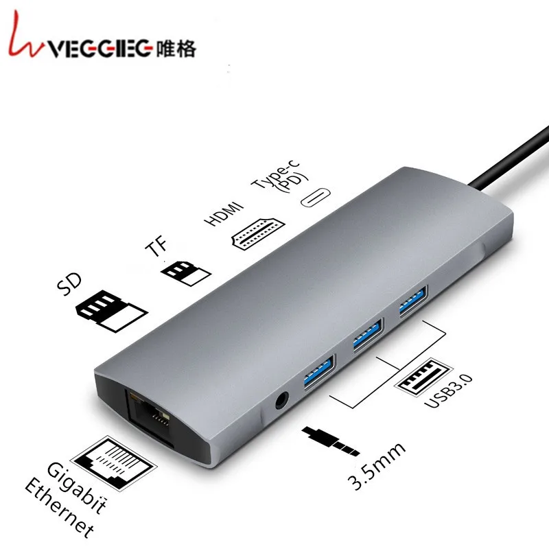 Veggieg USB C концентратор, 9 в 1 USB C адаптер с 4K HDMI, USB 3,0 порты, TF/SD кардридер, и PD для MacBook Pro //