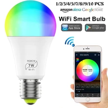 1/2/3/4/5/6/7/8/10 шт. E27 светодиодный светильник цветная(RGB) Светодиодная лампа 7W Bluetooth Wifi приложение Управление смарт-лампа RGBWW светодиодный лампы, совместим с Google Home, Alexa