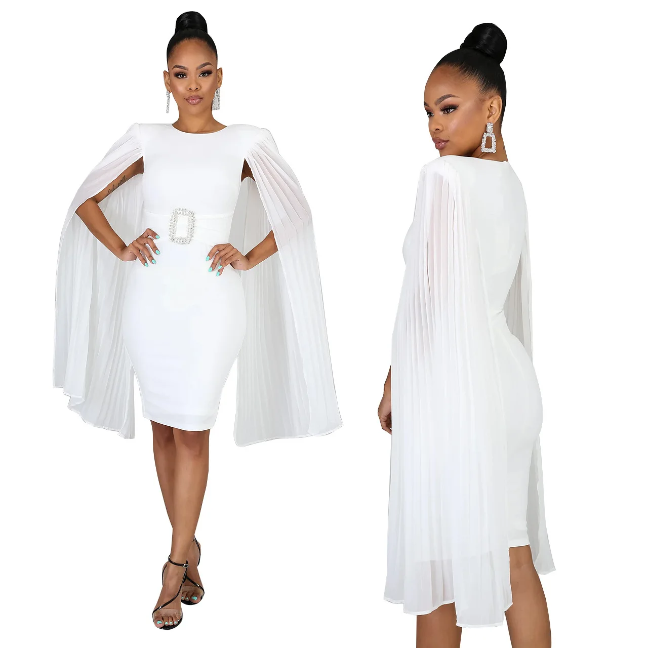 Winter  Office Lady Solid Cloak Sleeves Plain Cape Pencil Elegant Party Dress Vestidos