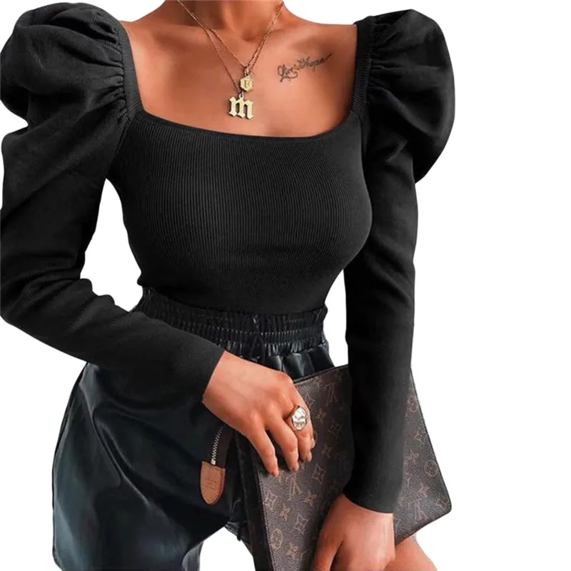 

Womens Tops and Blouses Sheer Casual Long Puff Sleeve Blouse Lolita Sexy Tops Lumbar Shirts Slim Fit Solid Top Fashion Clothes