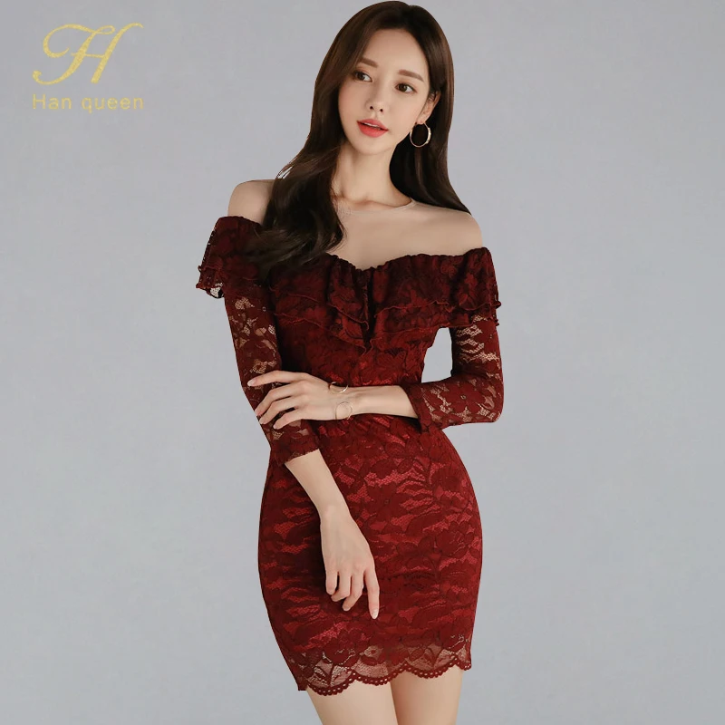 

H Han Queen Womens Summer Sexy Ruffle Stitching Mesh Gauze Party Lace Party Bodycon Pencil Sheath Mini Dress