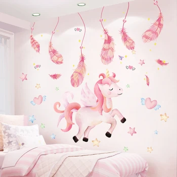 

[shijuekongjian] Cartoon Unicorn Animal Wall Stickers DIY Pink Feathers Wall Decals for Kindergarten Nursery Home Decoration