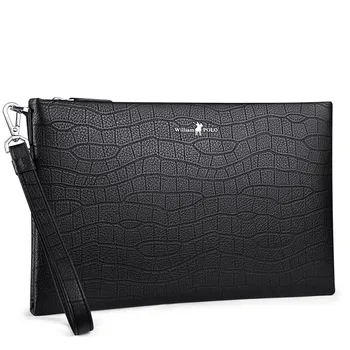 

WILLIAMPOLO Handbag Men wallet Zipper Soft Leather Elegant Large Capacity with Wrist Strap Black