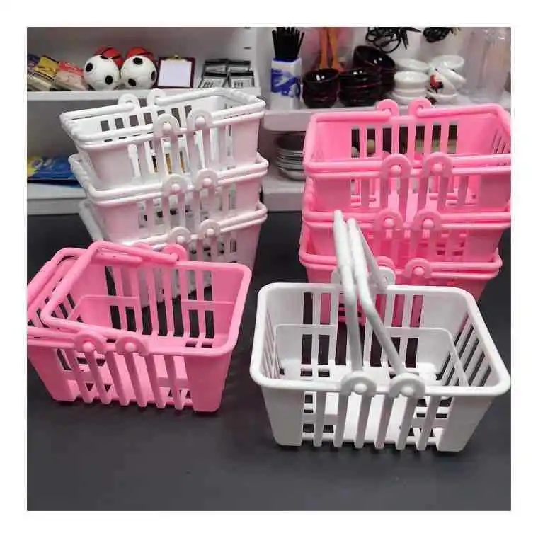 Mini Shopping Basket Pretend Play Toys Kids Mini Supermarket Shopping Hand Basket Model Doll House Miniature Furniture 2 pcs