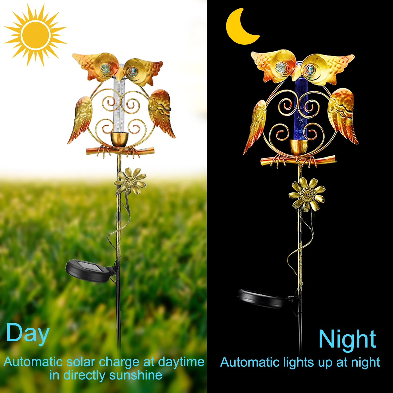 Solar Rain Gauge Light Lamp Garden Lawn Decorative Lights Owl Eco