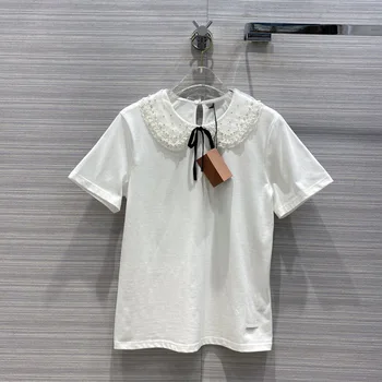 

Luxury Brand Tshirt 2020 Summer Women New Sweet and Age-reducing Wild Rhinestone Stitching Embroidery Lace Short-sleeved T-shirt