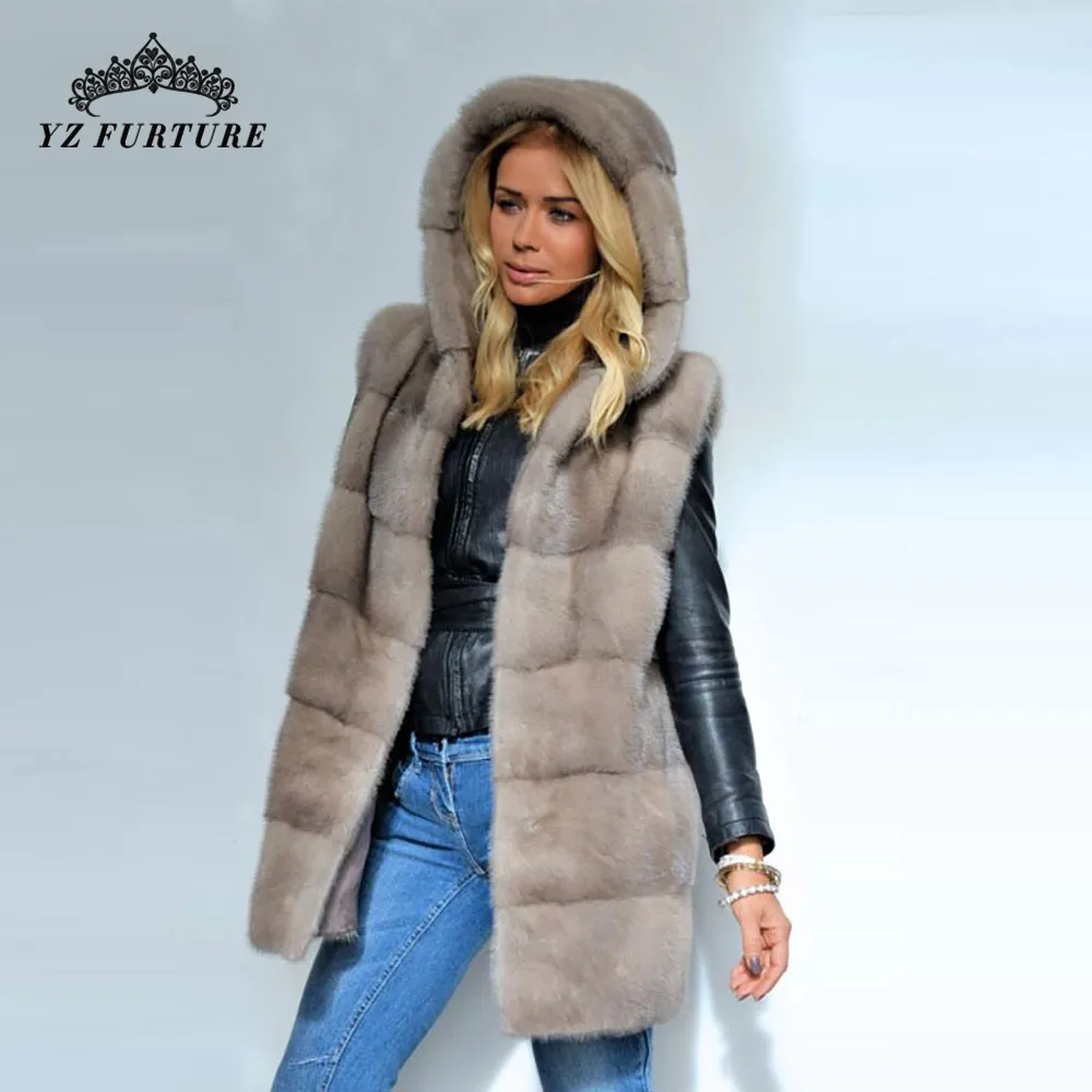 Warm Real Mink Fur Coat Women Winter Gilet Vest Wrap Cloak With hood NEW Jacket Overcoat Female Ladies Fashion Furs Jacket