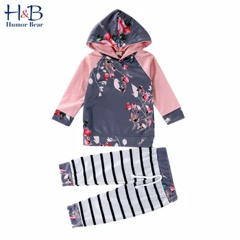 

Humor Bear 2020 New Spring Autumn Girls Clothing Sets Hooded Flower Striped Sweater Top + Pants 2Pcs Suit Outfits