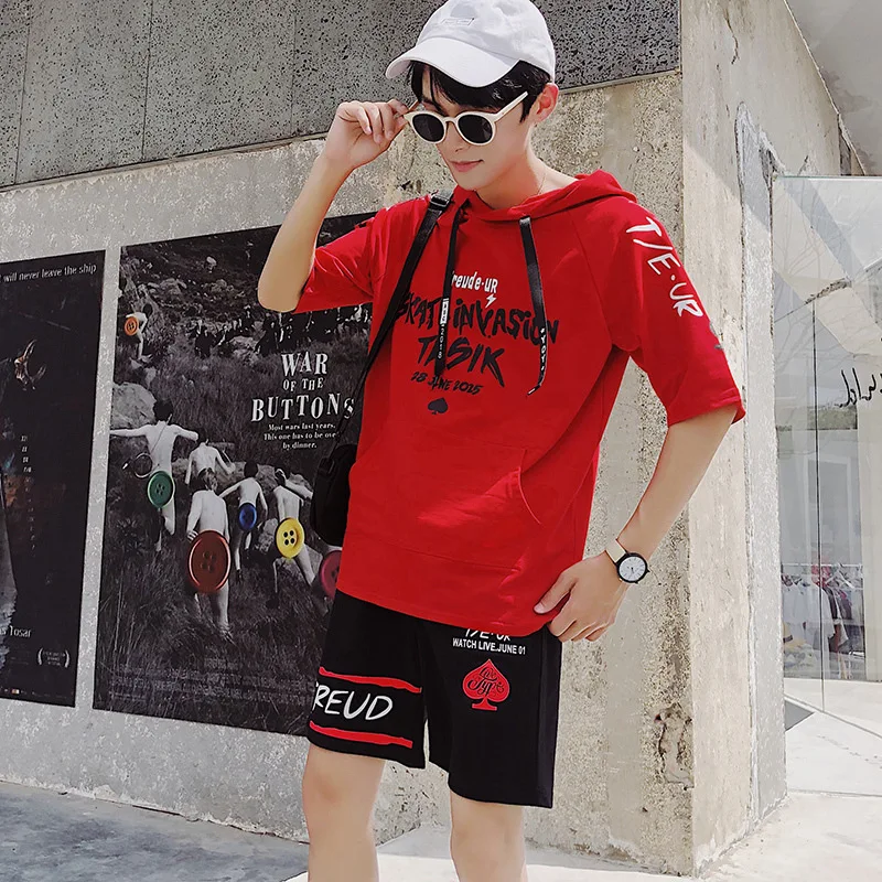 

2018 New Style MEN'S Summer Suits a Set of Clothes Cool Trend Korean-style Casual Short Sleeve T-shirt T009
