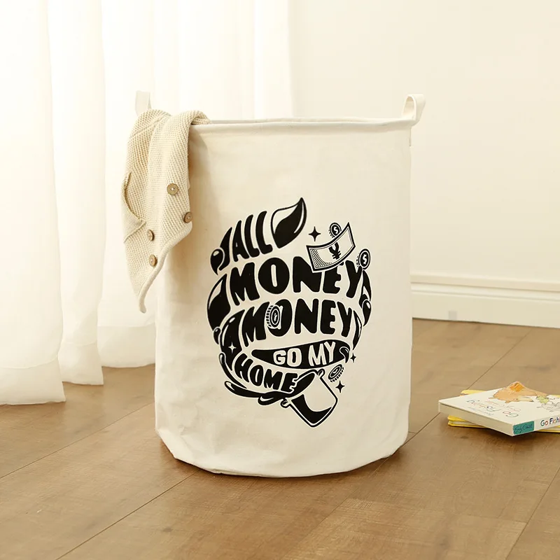 

Vintage Laundry Basket Letter Print Storage Box Large Bag Cotton Linen Cartoon Foldable Washing Dirty Clothes Big White Basket