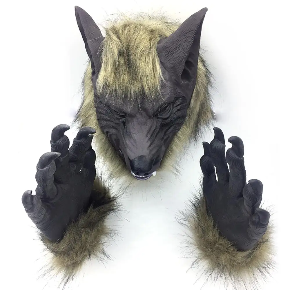 

Cosplay Latex Rubber Full Face Werewolf Mask Gloves Set Animal Head Scary Halloween Horror Devil Mask Festival Party Decoration