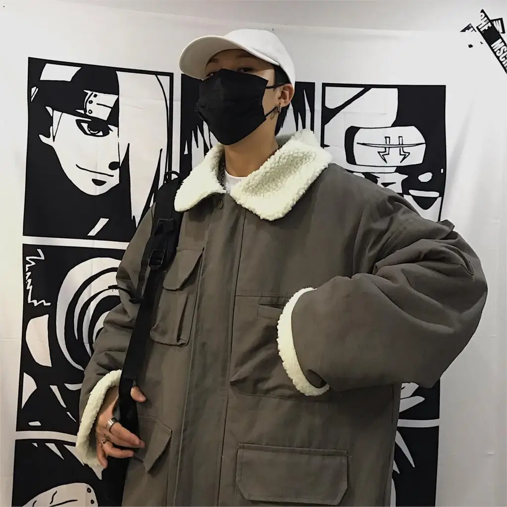 

Nice Autumn And Winter Pop Korean Version Ins Harajuku Style Wild Tooling Large Pocket Loose Padded Coat Men Jacket M-XL