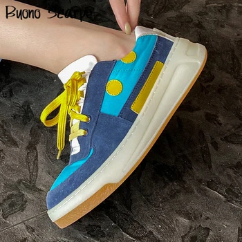 

Natural Suede Leather Women Flats Sneakers Lace Up Mixed Color Casual Flats Lace Up Leather Trainers Dad Sneakers Female Shoes