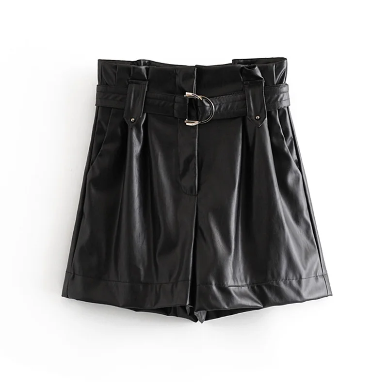 Women Black Faux leather paperbag shorts New arrival casual style With belt mini short Trousers Spring Autumn YNZZU YB384