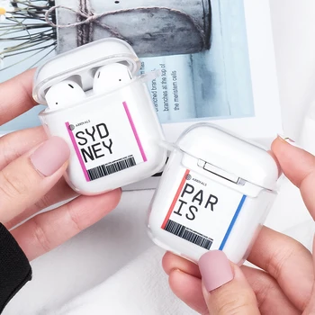 

Air Tickets Case For Airpods 2 1 US City Label Bar QR Code Bluetooth Headset Letter Earphone Clear Soft TPU Cover Shell Coque