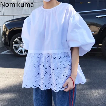

Nomikuma Korean Sweet Causal Blouse Tops Puff Short Sleeve Lace Up O-neck Women Shirts Hollow-out Ruffle Patchwork Blusas 6A470