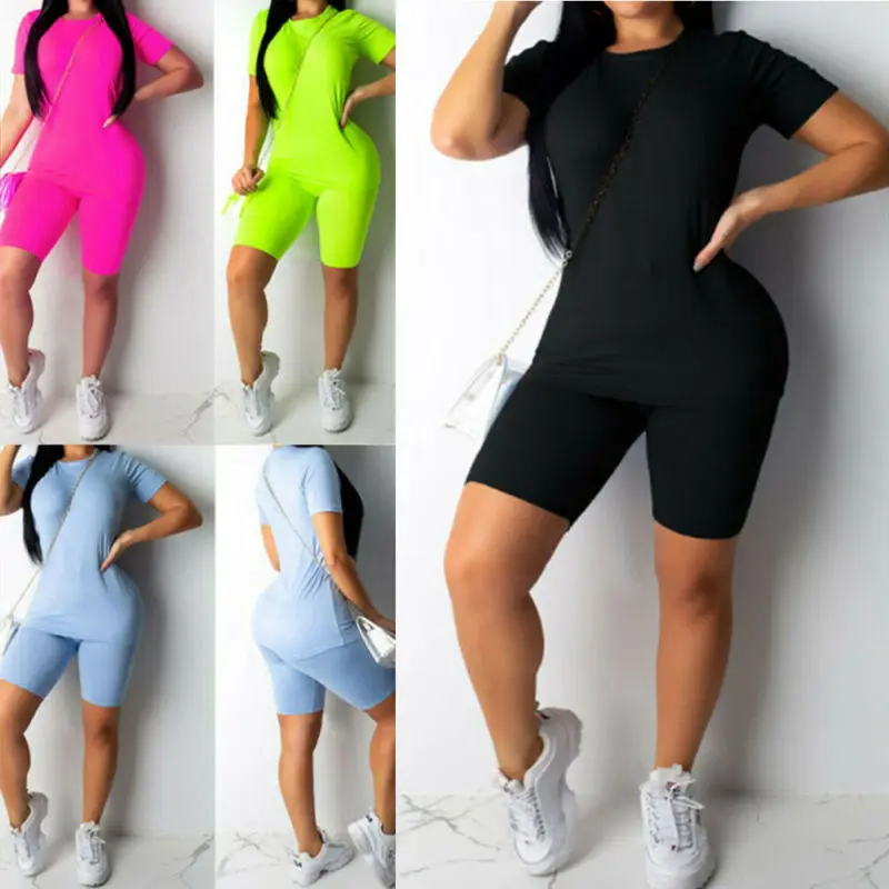 Traje deportivo para mujer, camisetas, pantalones cortos, ropa de entrenamiento, chándal, ropa ajustada de Color sólido