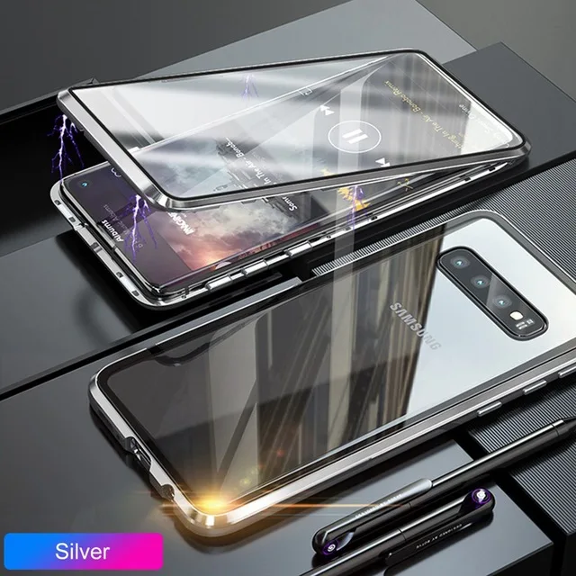 Sliver Магнитный закаленное Двусторонняя Стекло чехол для samsung Galaxy A50 A70 Note10 Pro 8 9 S8 S9 S10e A7 A8 A9 плюс M10 металлические чехлы - Цвет: Sliver