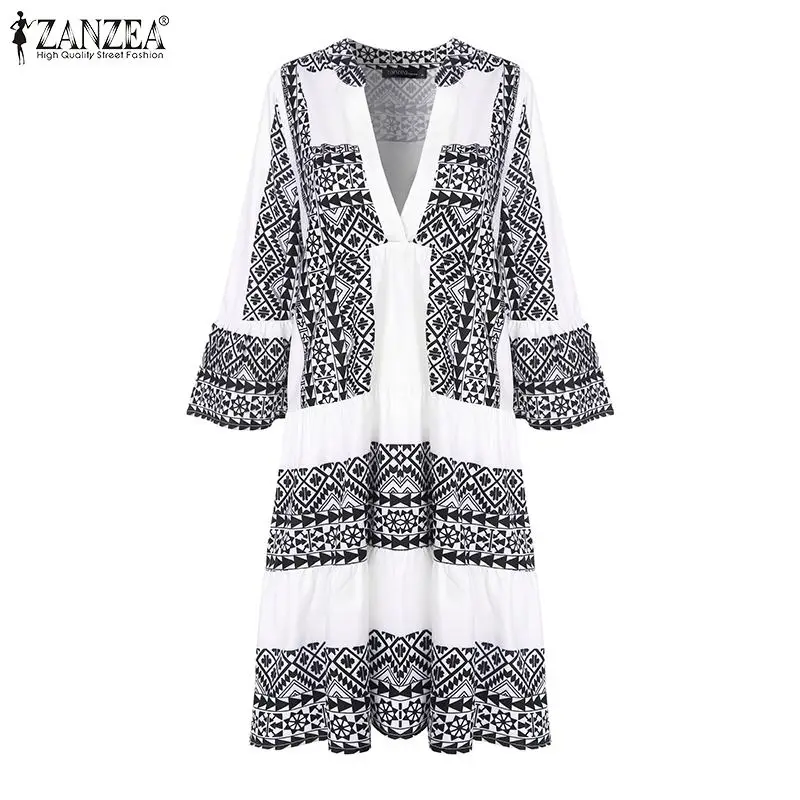 ZANZEA женское богемное мини-платье модное короткое платье с принтом Vestidos Дамский летний сарафан лоскутное одеяло Femme плюс размер 5XL