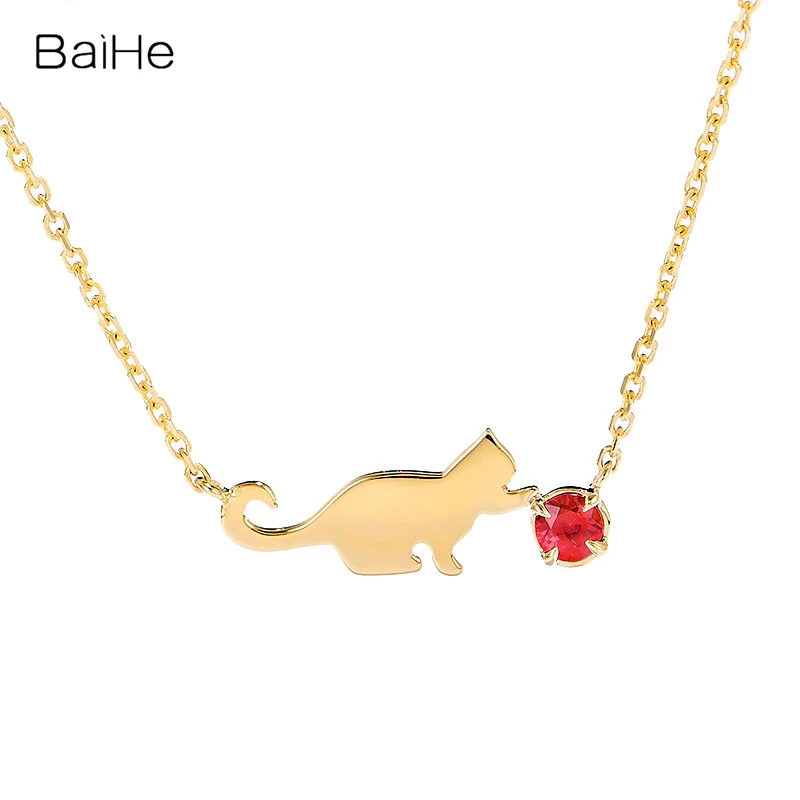 BAIHE Solid 18K Yellow Gold 0.12CT Natural Ruby Round Cut Women Jewelry Wedding Engagement Cute kitten beautiful necklace | Украшения и