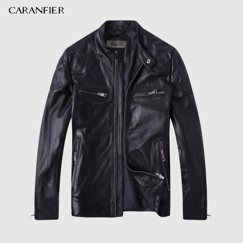 CARANFIER/модное кожаное мотоциклетное пальто, мужская одежда из овечьей шкуры, короткие дизайнерские Куртки из натуральной кожи, пальто