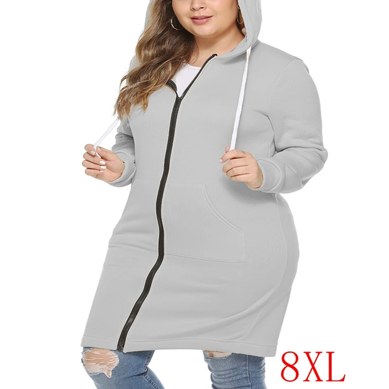 New Large Size Casual Hoodie 5XL 6XL 7XL 8XL Fashion Ladies Thickening With Zipper Pockets Long Sweatshirt Bust 133CM bauhinia 133cm ladies trendy retro knotted suit girdle belt korean fashion high quality pu wide belt new