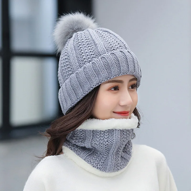 Intimate Design Women Winter Beanie PomPom Hat Thick Warm Soft Neck Warmer Knit Balaclava Soft Fabric Not Easy To Pilling