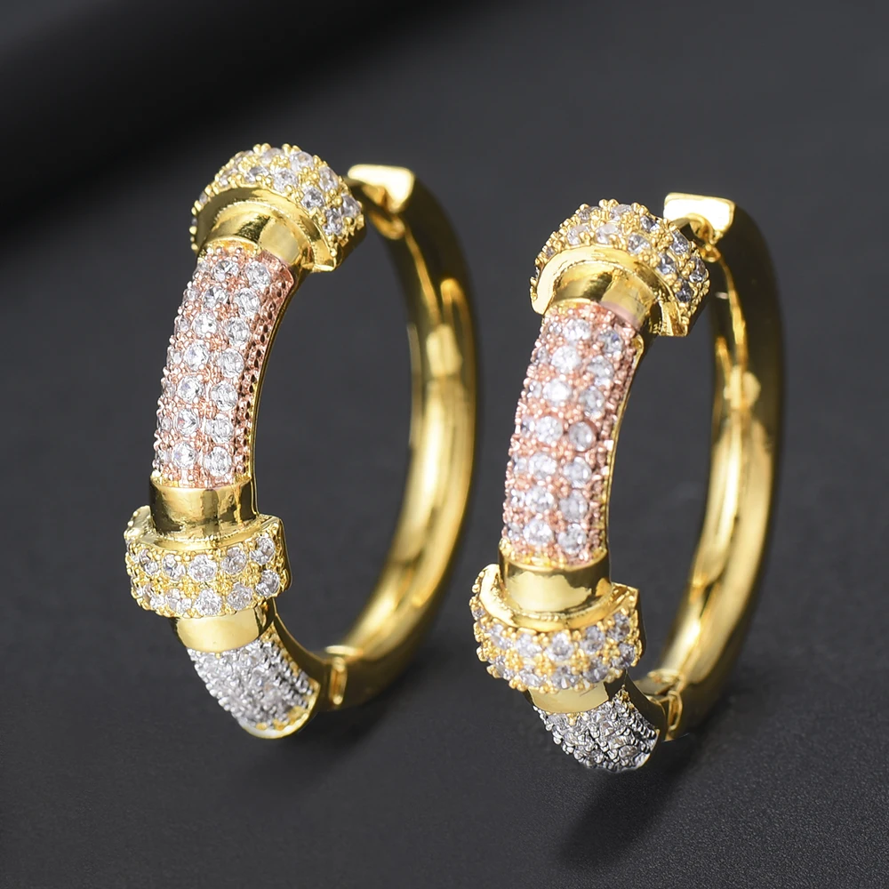 Gold GODKI, Роскошные, 3 тона, AAA, кубический циркон, массивные большие серьги-кольца для женщин, свадебные, Дубай, свадебные, квадратные, круглые серьги-кольца - Окраска металла: Gold