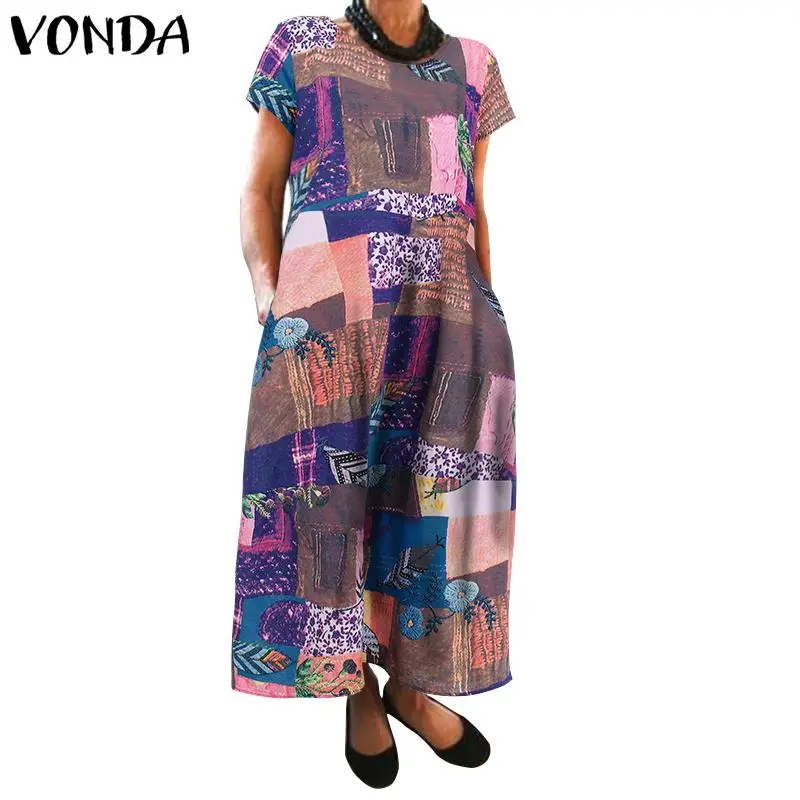 VONDA, летнее платье с круглым вырезом и коротким рукавом для беременных, Повседневное платье с принтом в богемном стиле для вечеринок, свободный пляжный сарафан, халат для беременных
