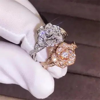 

14K Rose Gold Peridot Diamond Ring Rose Flower Shape Engagement Gemstone Bizuteria Anillos 925 silver Jewelry Ring for women