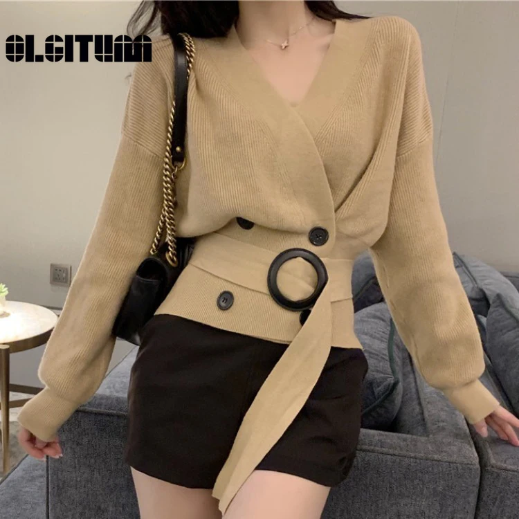 2020 Spring Women Elegant Simple Solid Office Sweater V-Neck Sashes Double Breasted Knitted Slim Outwear Ladies Coat Cardigan |