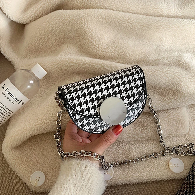 Houndstooth Винтажные клетчатые мини полукруглые сумки через плечо для женщин, сумки на полумесяца, сумки на седло Ins, женские кошельки для ключей, женские сумки с круглым замком - Цвет: Houndstooth
